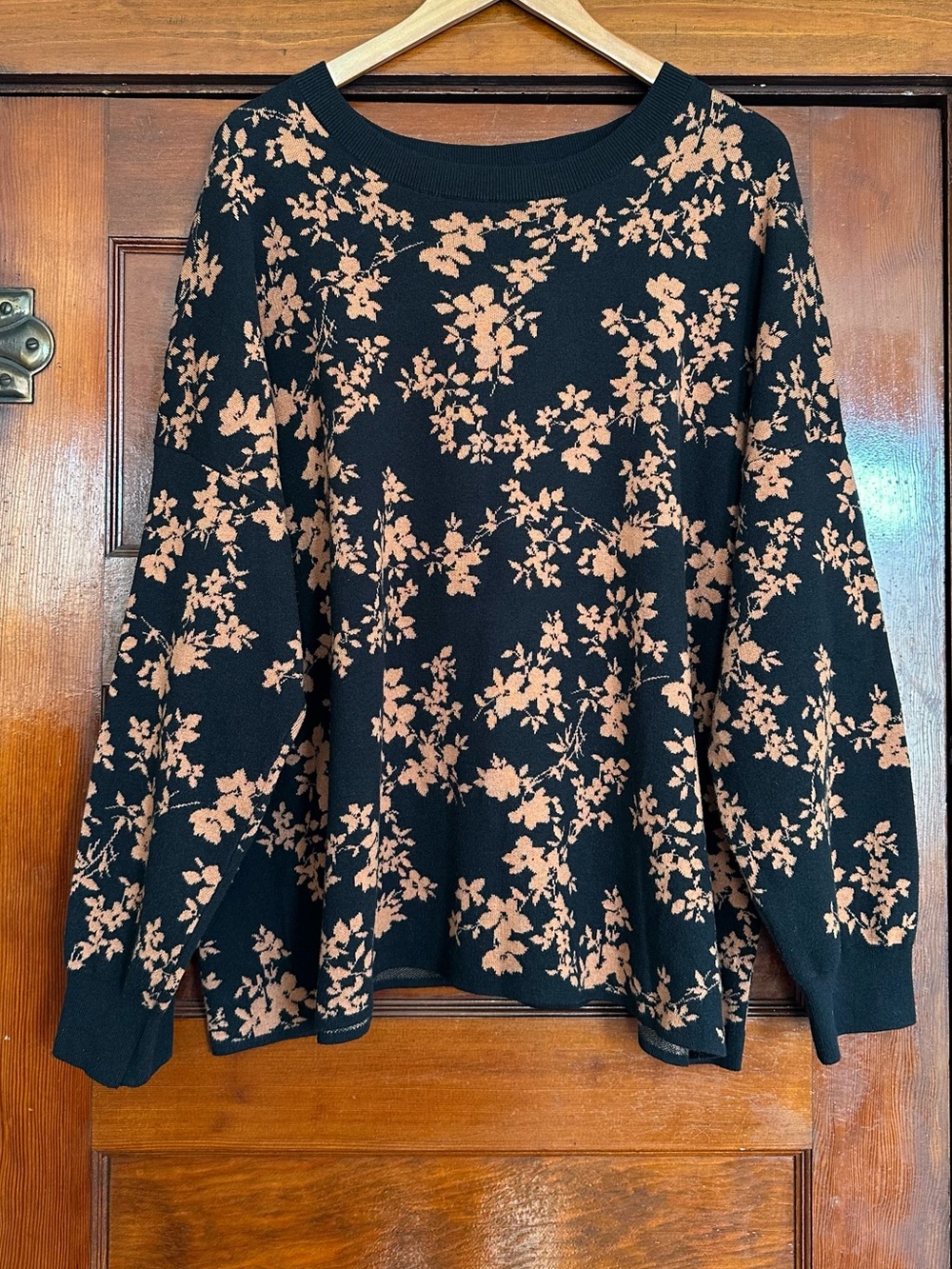 J. Jill Wearever Black Orange Scoop Neck Floral Jacquard Knit Sweater 3X Casual
